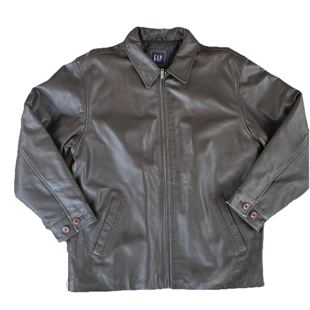 Vintage Gap Jacket Mens Brown Leather Bomber Quilt Lined Biker 90s Y2K, Size 2XL